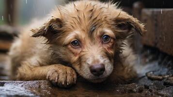 AI generated Abandoned, wet, hungry dog seeks comfort, cuddling small kitten for warmth, Ai Generated. photo