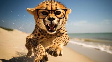 AI generated Experience the intensity of an cheetah leaping onto the beach in a stunning close-up photo, Ai Generated. photo