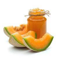 AI generated Delicious cantaloupe jam marmalade jelly preserves in a glass jar, accompanied by fresh cantaloupe, displayed on a clean white backdrop, Ai Generated. photo