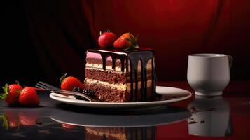 AI generated Real shot captures the essence of a delectable cake and its inviting slices. Ai Generated photo