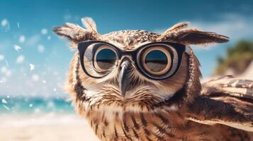 AI generated Experience the intensity of an owl leaping onto the beach in a stunning close-up photo, Ai Generated. photo