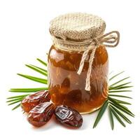 AI generated Rich date palm jam marmalade jelly preserves in a glass jar, accompanied by fresh date palms, presented on a clean white backdrop, Ai Generated. photo