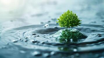 ai generado un pequeño verde isla encapsulado dentro un agua gota, simbolizando ambiental conservación. ai generado. foto