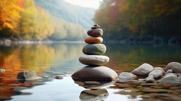 ai generado un apilar de piedras en un sereno río encarna tranquilidad y meditación en medio de el otoño estación. ai generado. foto