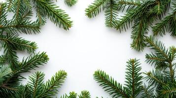 ai generado festivo fiesta antecedentes adornado con un marco en medio de lozano hojas perennes árbol sucursales, ai generado. foto