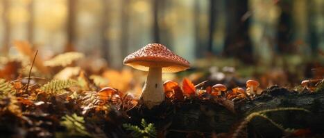 AI generated Close-up shot captures a mushroom amidst leaves in a wonderful autumn forest scene, Ai Generated. photo