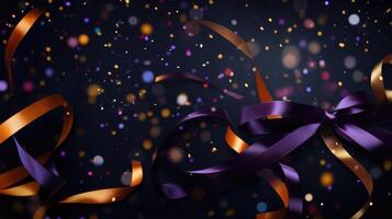 AI generated Abstract background adorned with confetti on colorful ribbons, set against a dark backdrop. Ai Generated. photo