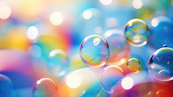 AI generated Big colorful soap bubbles create a whimsical scene against a blurred summer background. Ai Generated. photo