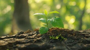 ai generado esperanza floraciones como un pequeño planta de semillero coles desde un antiguo árbol trompa, de la naturaleza resiliencia, ai generado. foto