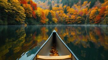 AI generated A forest lake mirrors autumn's symphony, reflecting vibrant foliage in nature's tranquil canvas, Ai Generated photo