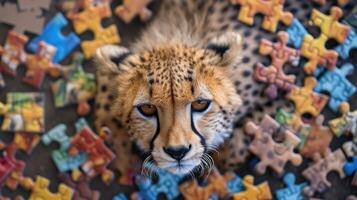 AI generated Cute cheetah engrossed in a jigsaw puzzle, adding a whimsical touch, Ai Generated. photo