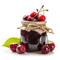 AI generated Delectable cherry jam marmalade jelly preserves in a glass jar, accompanied by fresh cherries, presented on a clean white backdrop, Ai Generated. photo