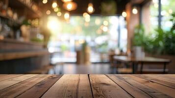 AI generated Wooden table in a blurred restaurant setting, offering empty space. Ai Generated. photo