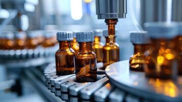 AI generated Medical vials progress along a pharmaceutical factory's assembly line. Ai Generated photo