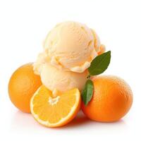 AI generated light orange ice cream balls with fresh orange. Citrusy bliss, Ai Generated. photo