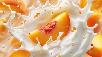 AI generated Peach and mango blend into milk, yogurt, sour cream, creating a refreshing splash, Ai Generated. photo