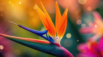 AI generated Detailed close-up unveils the exquisite beauty of a Strelitzia blossom in full bloom, Ai Generated. photo