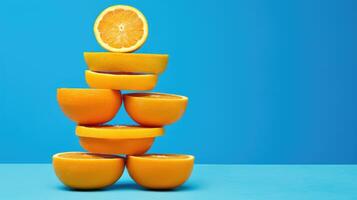 AI generated fresh orange slices on vibrant blue. A burst of citrus, Ai Generated. photo