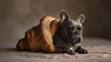 AI generated Whimsical depiction of a dog fashioned in the shape of a croissant, quirky charm, Ai Generated. photo
