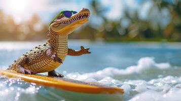 AI generated A cute crocodile surfer enjoys a fun-filled summer day at the beach, riding waves with enthusiasm, Ai Generated. photo