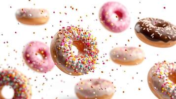 AI generated Whimsical donuts adorned with confectionery toppings soar over a pristine white background. Ai Generated. photo