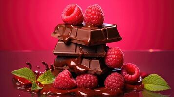 AI generated Dynamic stack of chocolate bars, raspberries, and syrup splash on a vibrant red backdrop. Ai Generated photo