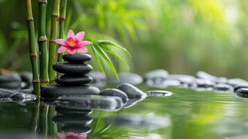 AI generated Zen stones form a serene pyramid on water, a symbol of balance and tranquility in nature's embrace. Ai Generated photo