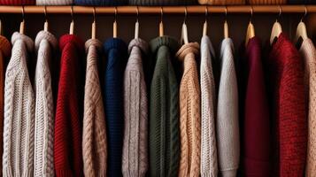 AI generated Neat row of knit sweaters hangs in closet, offering cozy wardrobe options. Ai Generated photo