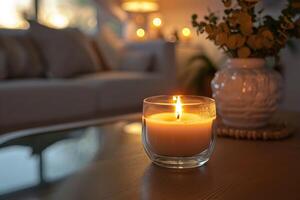 AI generated Burning candle in glass jar creates a warm ambiance. Serene glow, Ai Generated. photo