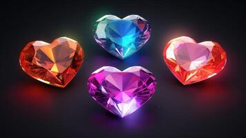 AI generated Crystal colorful hearts shine against a captivating dark background. Ai Generated photo