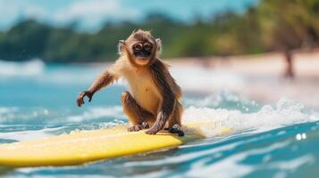 AI generated A cute gibbon surfer enjoys a fun-filled summer day at the beach, riding waves with enthusiasm, Ai Generated. photo
