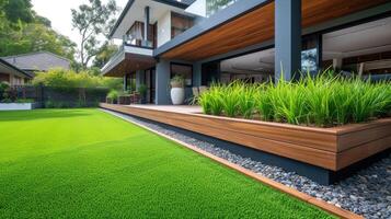 AI generated Contemporary lawn turf, wooden edging. Modern outdoor appeal, Ai Generated. photo