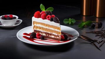 AI generated Real shot captures the essence of a delectable cake and its inviting slices. Ai Generated photo