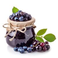 AI generated Exquisite bilberry jam marmalade jelly preserves in a glass jar, accompanied by fresh bilberries, showcased against a clean white backdrop, Ai Generated. photo