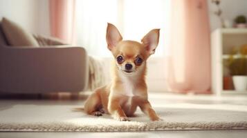 AI generated Cute Chihuahua rests on a white carpet, infusing the living room with petite canine charm, Ai Generated. photo