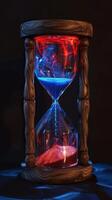 AI generated Red and blue substances flow in an hourglass against a dark backdrop, adding depth and intensity to the scene. Ai Generated. photo