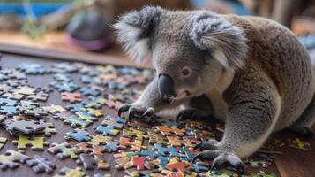 AI generated Cute koala engrossed in a jigsaw puzzle, adding a whimsical touch, Ai Generated. photo