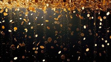 AI generated Experience a cascade of gold coins showering against a dramatic black backdrop. Ai Generated. photo