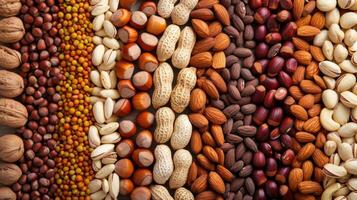 AI generated Embrace the natural allure of a background adorned with various nuts and legumes. Ai Generated. photo