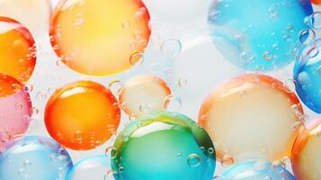 AI generated Colorful soap bubbles abound on a white background, creating a playful visual spectacle. Ai Generated. photo