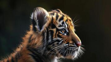 AI generated Baby tiger gazes down with innocence, a captivating blend of wild charm, Ai Generated. photo