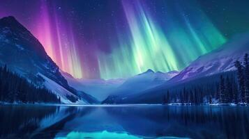 AI generated Dazzling hues dance in the night sky, a vivid display of Aurora Borealis, Ai Generated. photo