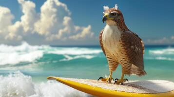 AI generated A cute hawk surfer enjoys a fun-filled summer day at the beach, riding waves with enthusiasm, Ai Generated. photo