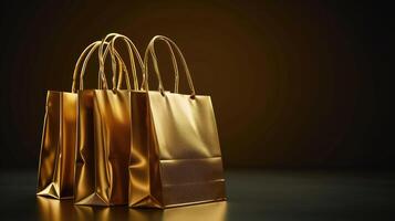 AI generated Luxurious gold shopping bags pop against a dark background, symbolizing sophistication in retail. Ai Generated. photo