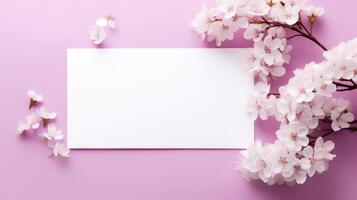 AI generated white blank card embraced by cherry blossoms on a soft purple backdrop. Ai Generated photo