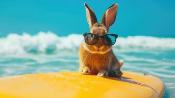 AI generated A cute rabbit surfer enjoys a fun-filled summer day at the beach, riding waves with enthusiasm, Ai Generated. photo