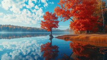 AI generated Tranquil lake mirrors the vibrant hues of autumn trees on a serene day, Ai Generated. photo