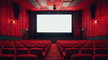 ai generado el vacío cine salón caracteristicas un sorprendentes rojo color esquema y un blanco blanco pantalla, ai generado. foto