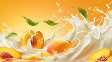 AI generated Peach and mango blend into milk, yogurt, sour cream, creating a refreshing splash, Ai Generated. photo