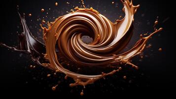 AI generated Luxurious melted chocolate swirl with dynamic splashes creates a delectable visual masterpiece. Ai Generated. photo